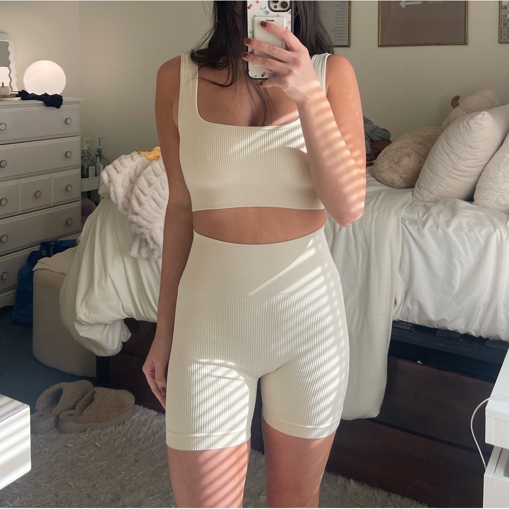 Cream White Ribbed Co-ord Shorts Set